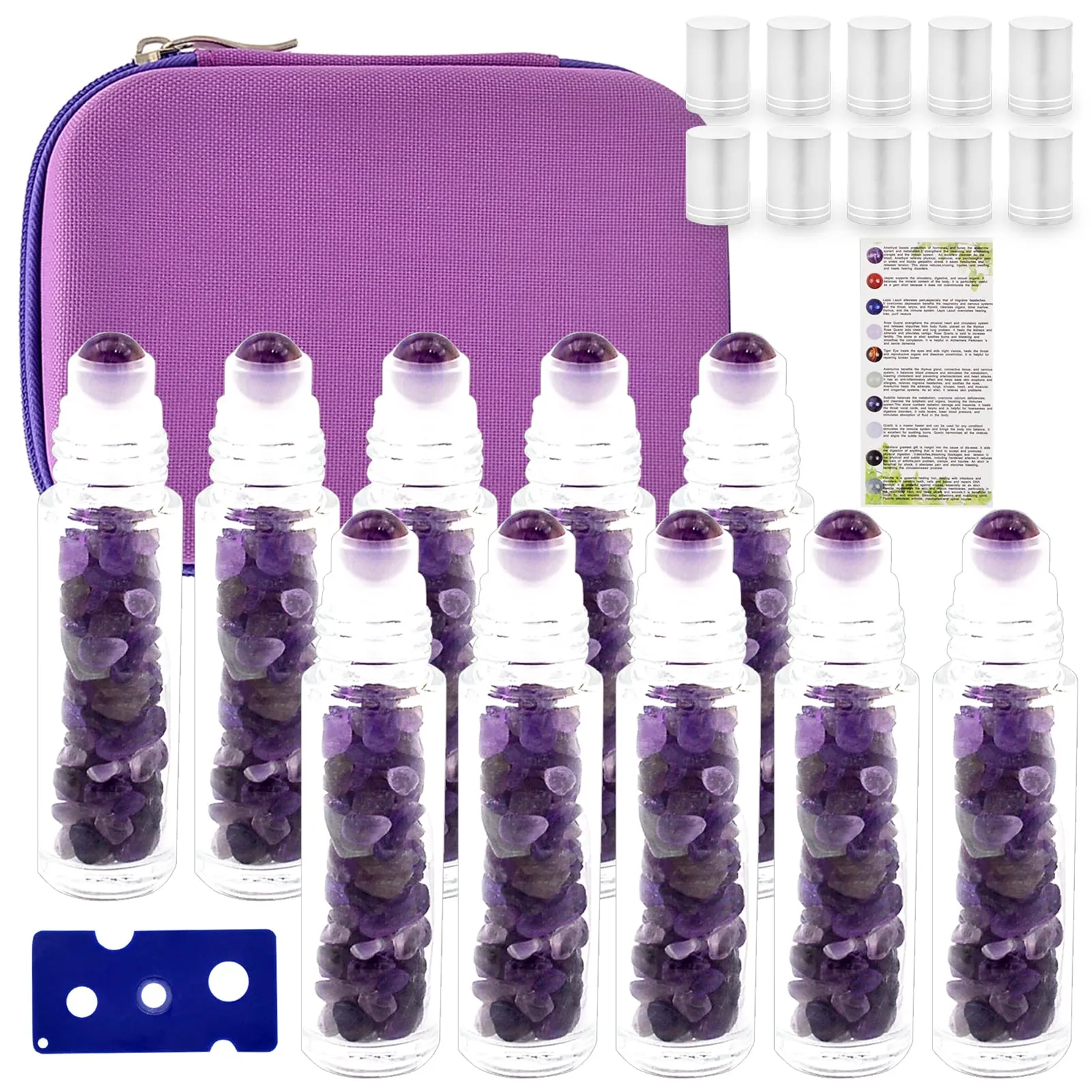 Essential Oil Roller Bottle EVA Carrying Travel Case and 10pcs Essential Oil Gemstone Roller Ball Bottles Frosted Glass Inside 10ml Healing Crystal Chips Feng Shui Roller (Amethyst)