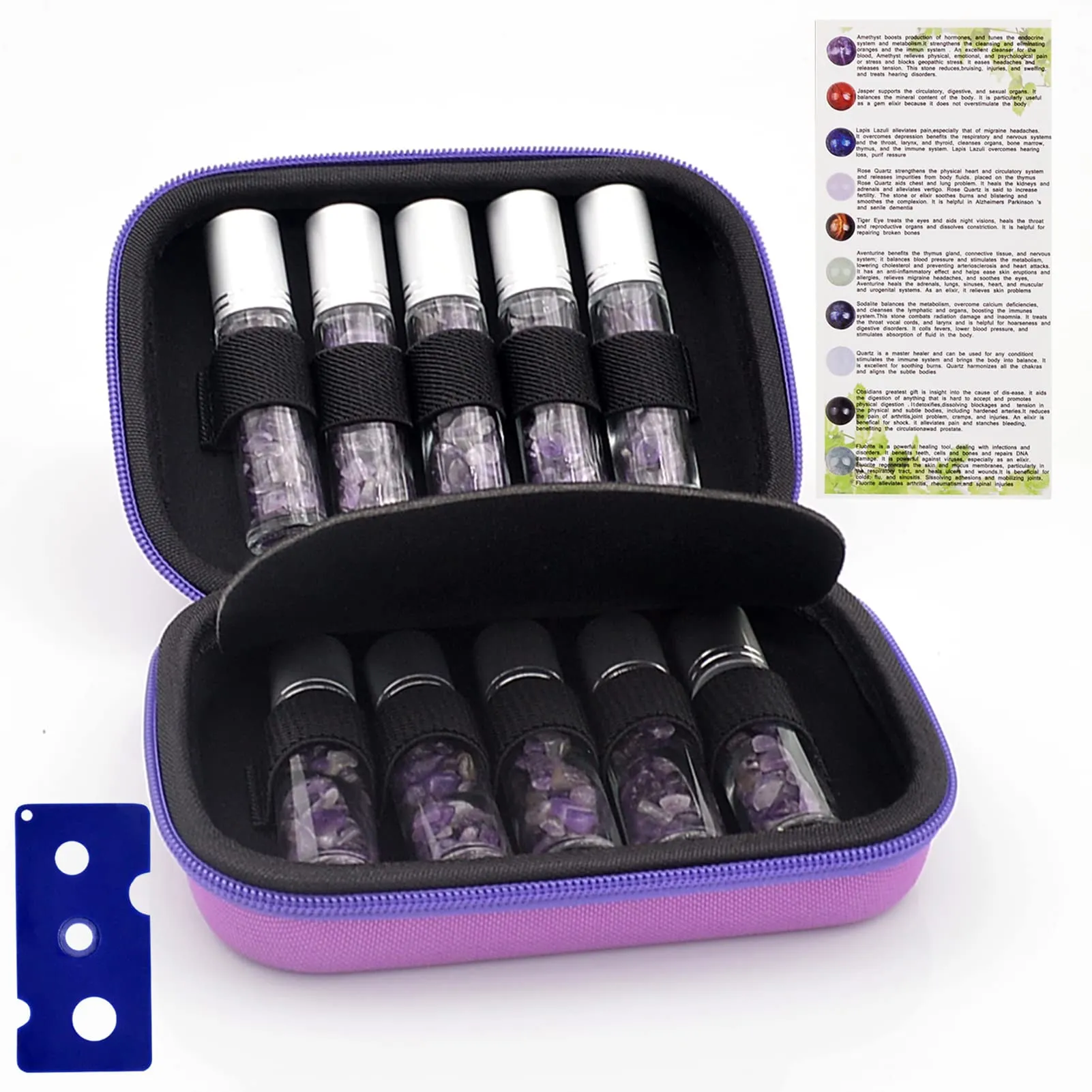 Essential Oil Roller Bottle EVA Carrying Travel Case and 10pcs Essential Oil Gemstone Roller Ball Bottles Frosted Glass Inside 10ml Healing Crystal Chips Feng Shui Roller (Amethyst)