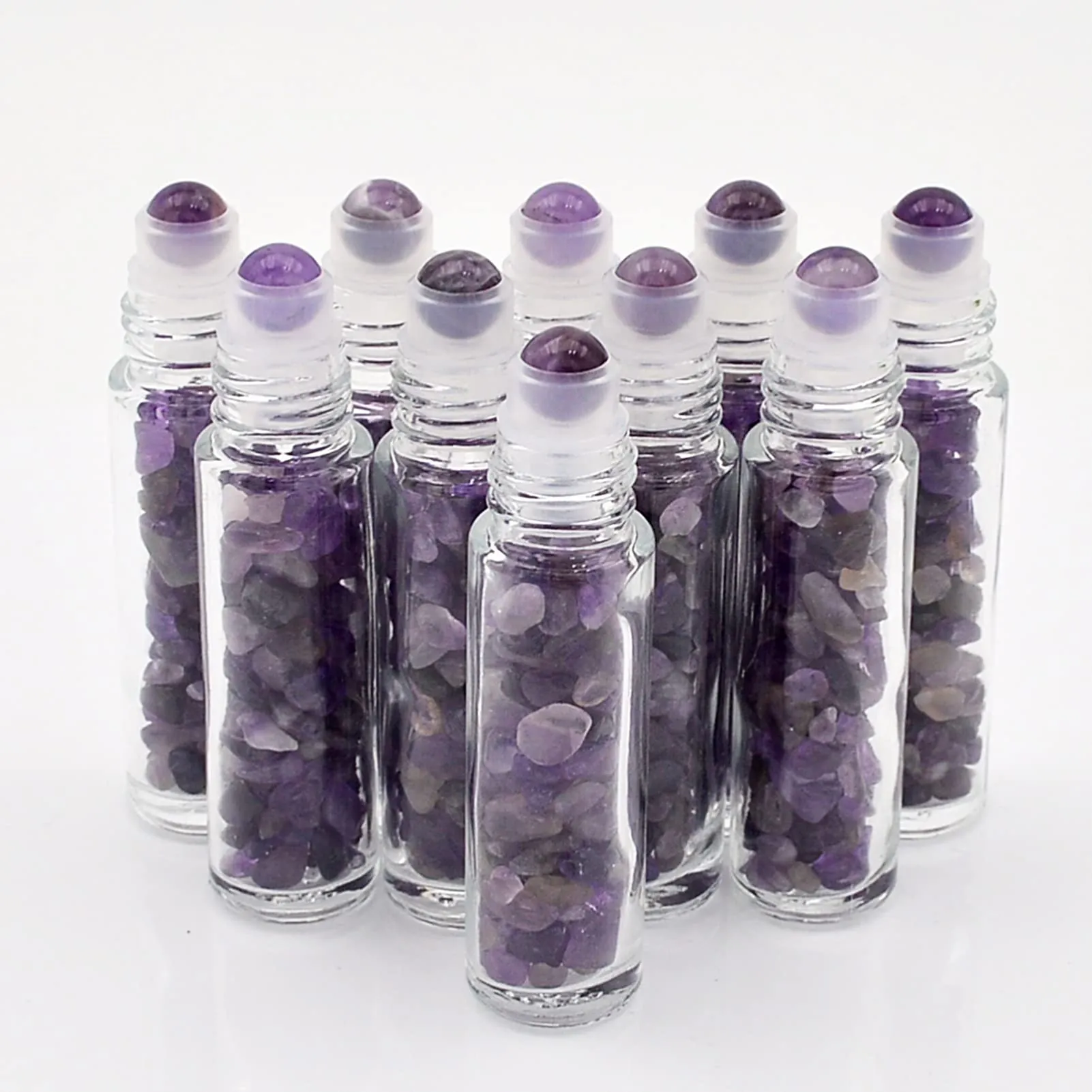 Essential Oil Roller Bottle EVA Carrying Travel Case and 10pcs Essential Oil Gemstone Roller Ball Bottles Frosted Glass Inside 10ml Healing Crystal Chips Feng Shui Roller (Amethyst)