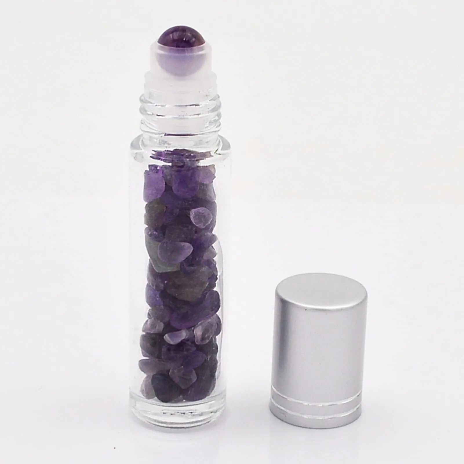 Essential Oil Roller Bottle EVA Carrying Travel Case and 10pcs Essential Oil Gemstone Roller Ball Bottles Frosted Glass Inside 10ml Healing Crystal Chips Feng Shui Roller (Amethyst)