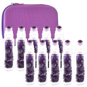 Essential Oil Roller Bottle EVA Carrying Travel Case and 10pcs Essential Oil Gemstone Roller Ball Bottles Frosted Glass Inside 10ml Healing Crystal Chips Feng Shui Roller (Amethyst)
