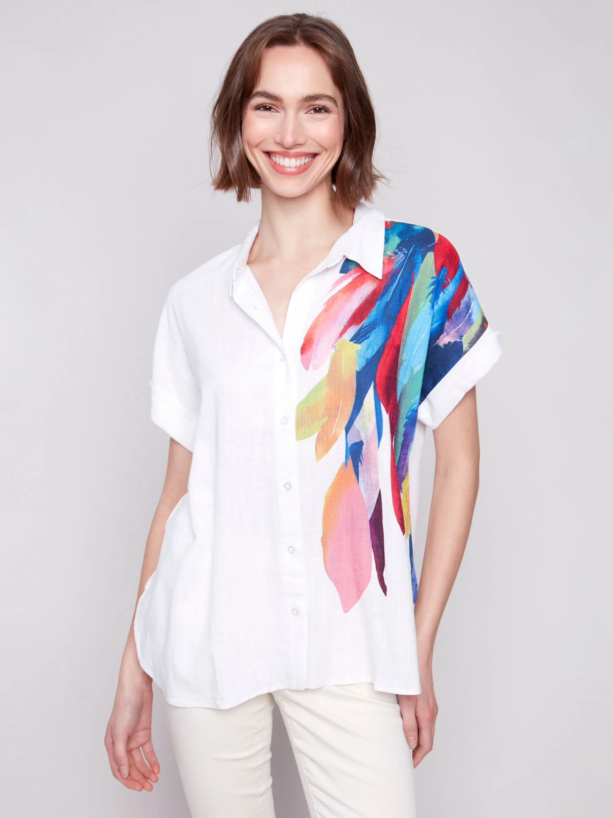 Placement Print Dolman Short-Sleeve Shirt - Feathers