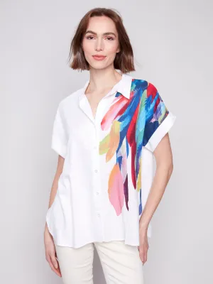 Placement Print Dolman Short-Sleeve Shirt - Feathers