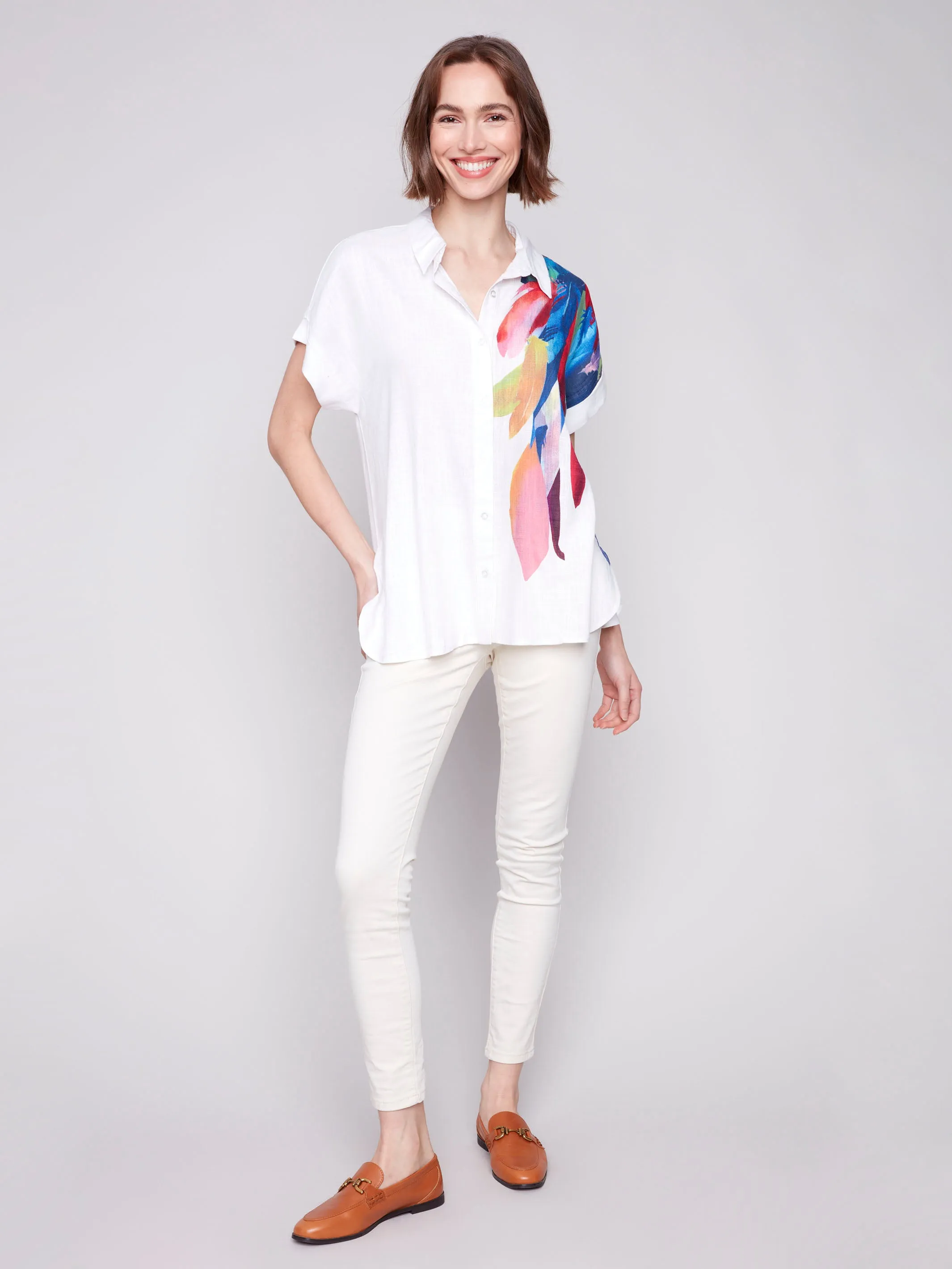 Placement Print Dolman Short-Sleeve Shirt - Feathers